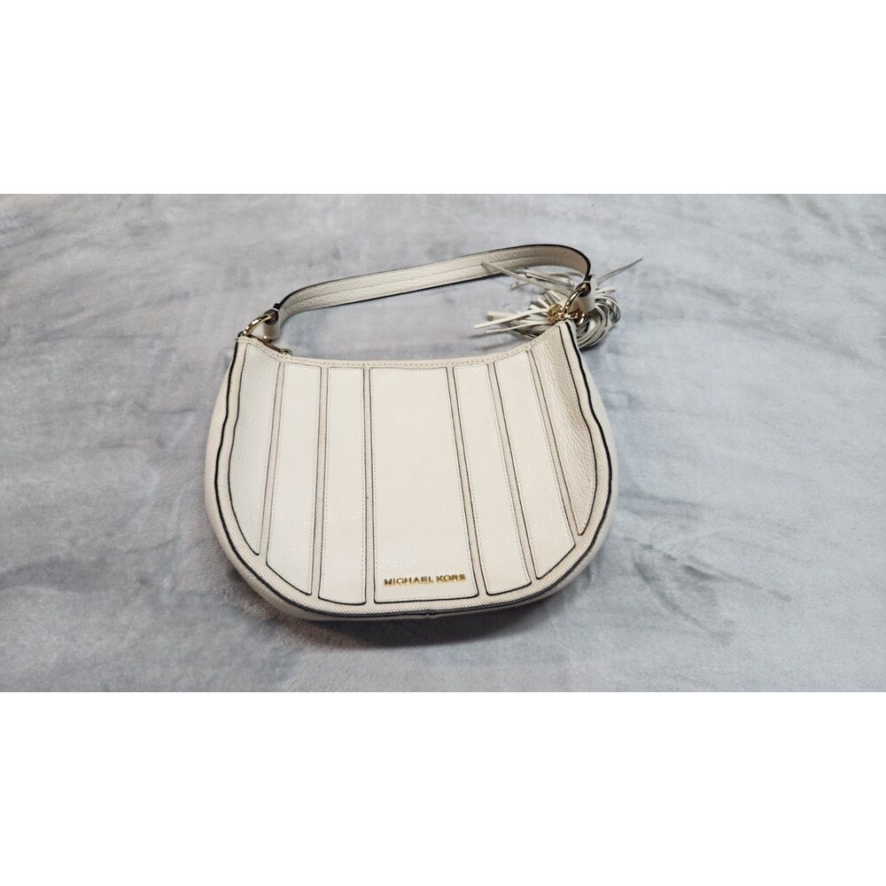 MICHAEL KORS BROOKLYN MD Hobo Leather Conv. Shoulder Canvas Stripe Nat/White